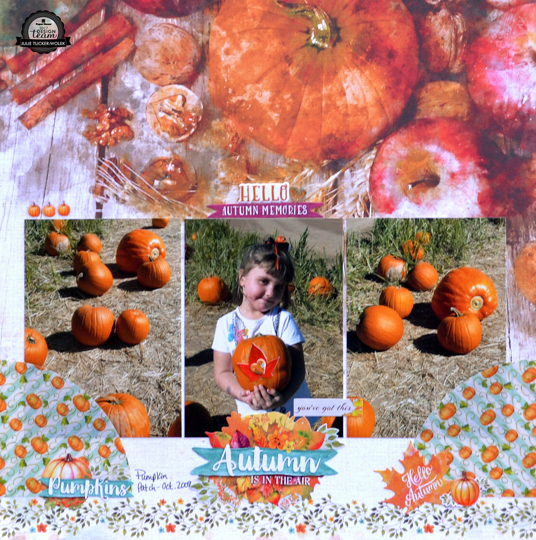 scrapbook layout featuring pumpkins and photos of a girl in a pumpkin patch.
