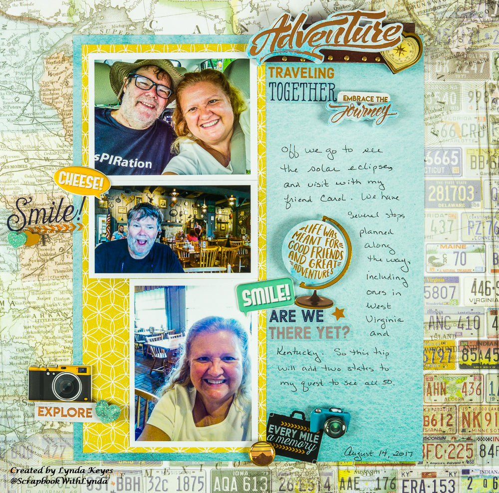 Scrapbook layout featuring paper with colorful map and license plate designs and matching vintage stickers