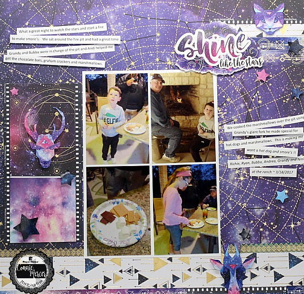 scrapbook layout featuring photos of a young boy and girl making s'mores with their grandfather. The photos are set against a purple celestial background with the words Shine Like the Stars