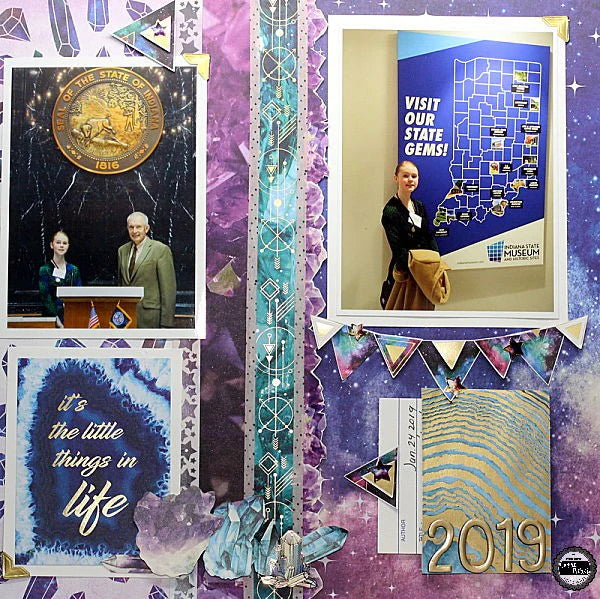 scrapbook layout in purple, teal, and gold gem tones. Page features an image of an Indiana dignitary and a teenaged girl standing in front of the state seal.