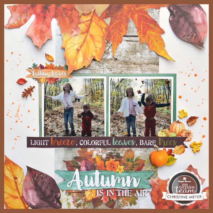 scrapbook layout featuring fall leaves and photos of people playing outdoors.