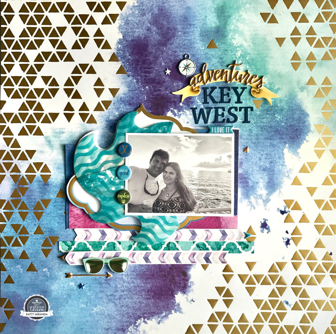 beach scrapbook layout with gold and blue details.