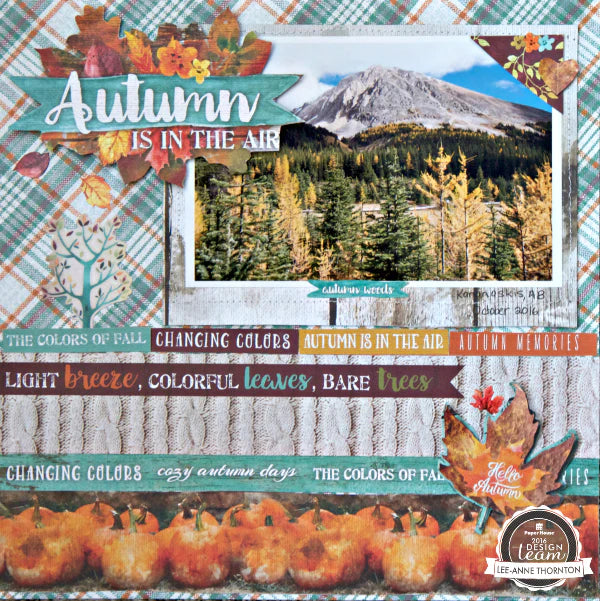 scrapbook layout featuring autumn leaves and patterns and a photo.