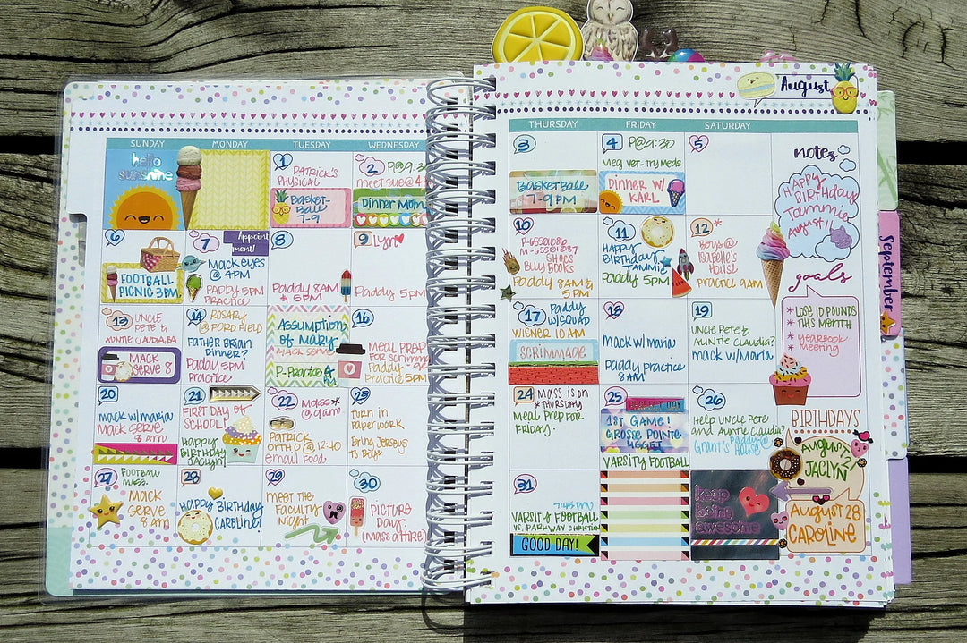 planner spread featuring colorful stickers.