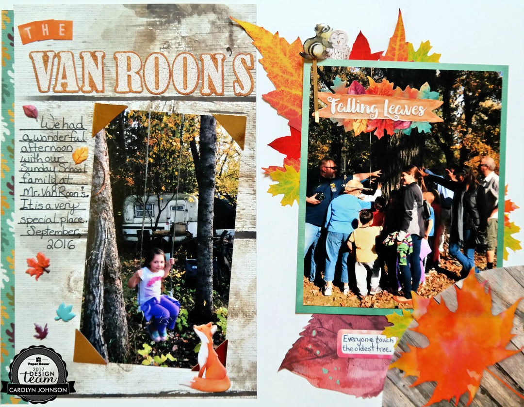 notebook spread using autumn scrapbook stickers and photos.