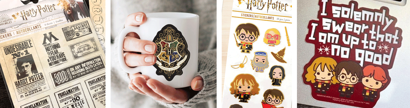 banner images left to right: harry potter newspaper scrapbook paper; Hogwarts vinyl sticker on white mug; Harry Potter Chibi stickers, Harry Potter Chibi laptop sticker