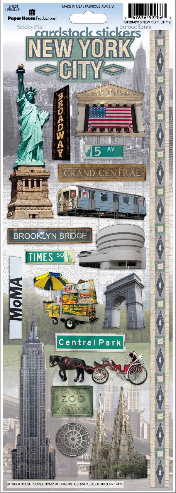 New York City cardstock stickers featuring the Statue of Liberty, Broadway, Brooklyn Bridge, Guggenheim, subway car, and hot dog cart