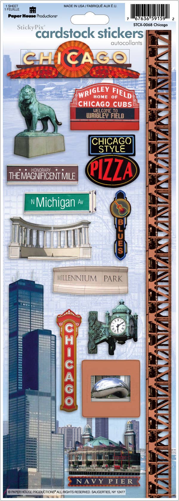 Chicago cardstock stickers featuring Wrigley Field, the Art Institute lions, Cloud Gate, the Magnificent Mile, and Navy Pier