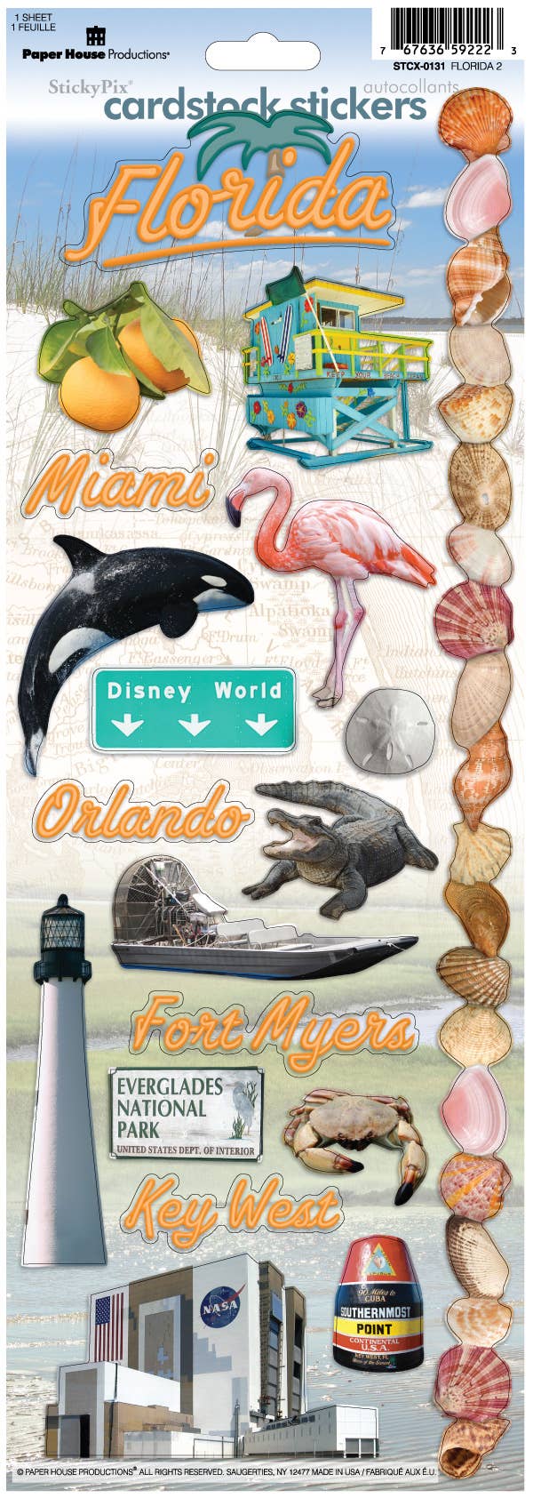 Florida cardstock stickers featuring flamingos, Key West lighthouse, Everglades alligator, airboat, and NASA launch pad
