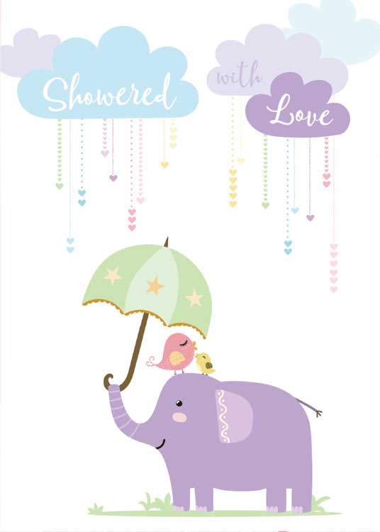 baby note card featuring a purple elephant with heart-raining clouds on white background.