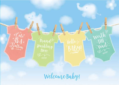 baby note card featuring pastel colored onesies on a light blue sky background.