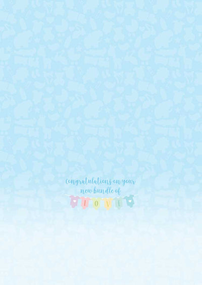 baby note card inside spread featuring pastel colored onesies on a light blue background.