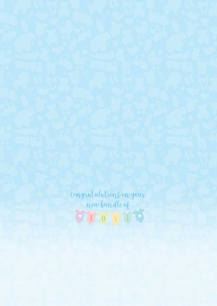 baby note card inside spread featuring pastel colored onesies on a light blue background.