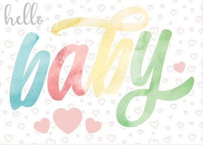 baby note card featuring large pastel script letters on white background with hearts.