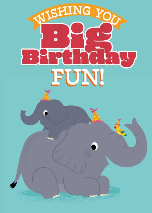 birthday note card featuring illustrated elephants on teal background with red letters.