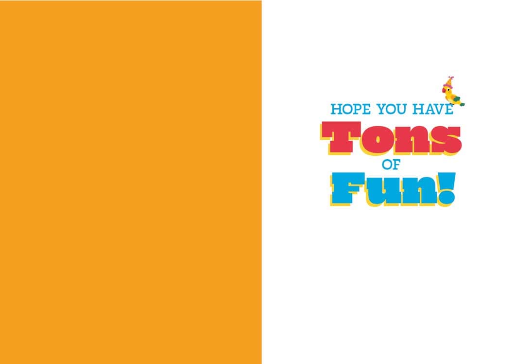 inside spread of birthday note card with red and blue words and a colorful illustrated parrot.