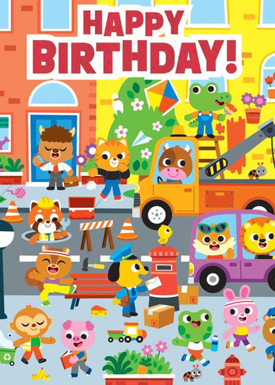 birthday note card featuring a colorful illustration of a busy town.