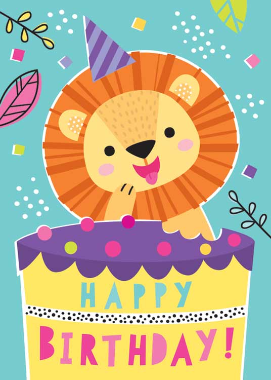 birthday note card fetiring a colorful illustrated lion and birthday cake.