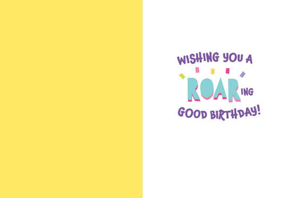 birthday note card inside spread featuring a yellow left panel and purple birthday sentiment.