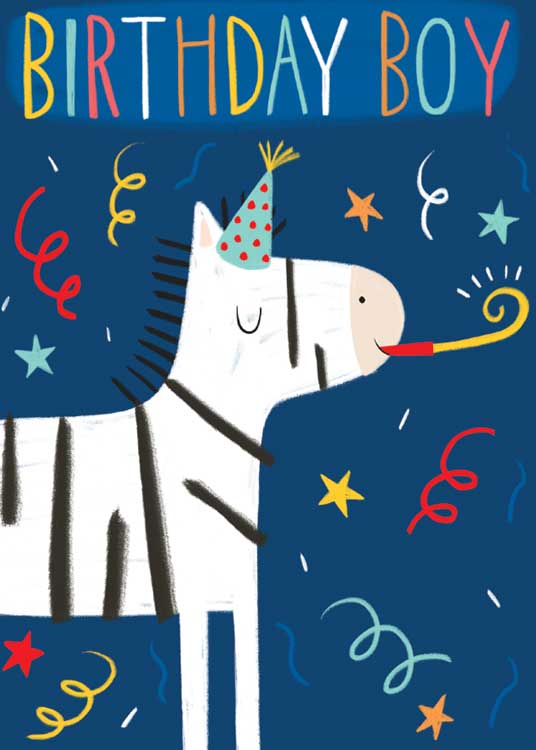 birthday note card featuring an illustrated zebra with a party hat on a dark blue background.