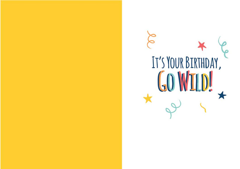 birthday note card inside spread featuring a yellow background with colorful letters and stars.