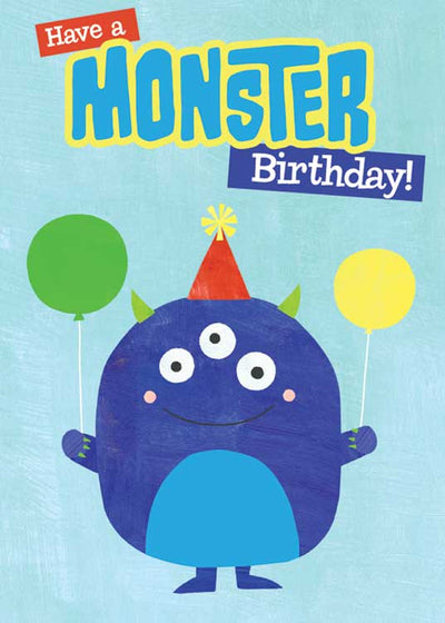 birthday note card featuring a blue monster holding balloons on a light blue background.