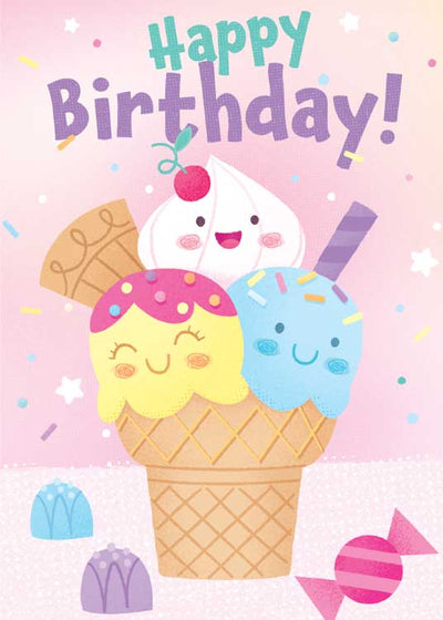 birthday note card featuring an illustrated ice cream cone with faces on a pink background.