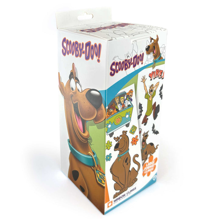CLING-0001E - Scooby Doo Window Cling - Retail packaging box featuring Scooby-Doo character illustrations and colorful window cling designs with Mystery Inc. gang graphics