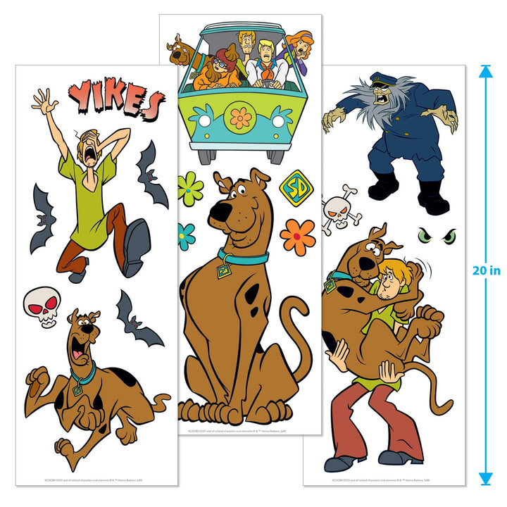 CLING-0001E - Scooby Doo Window Cling - Three sheets of colorful Scooby-Doo character window clings featuring the Mystery Inc. gang, Scooby, and villains in bright greens, browns, and blues