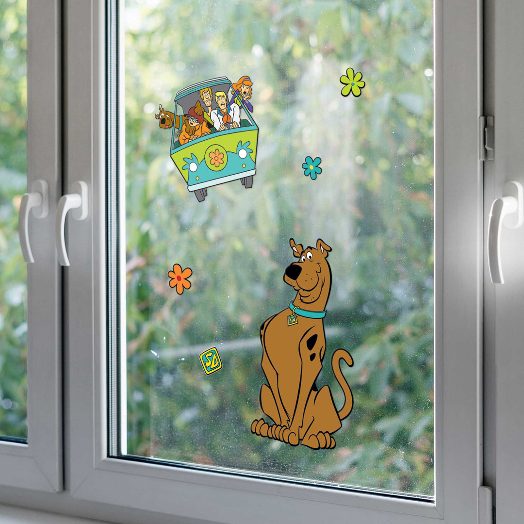 CLING-0001E - Scooby Doo Window Cling - Colorful window cling featuring Scooby-Doo sitting on ground with Mystery Machine van above and decorative flowers on glass