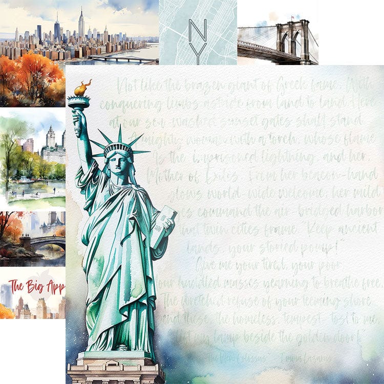 scrapbook paper featuring a watercolor illustration of the Statue of Liberty against a light pattern of script shown overlapping a tag paper of NYC watercolor scenes.