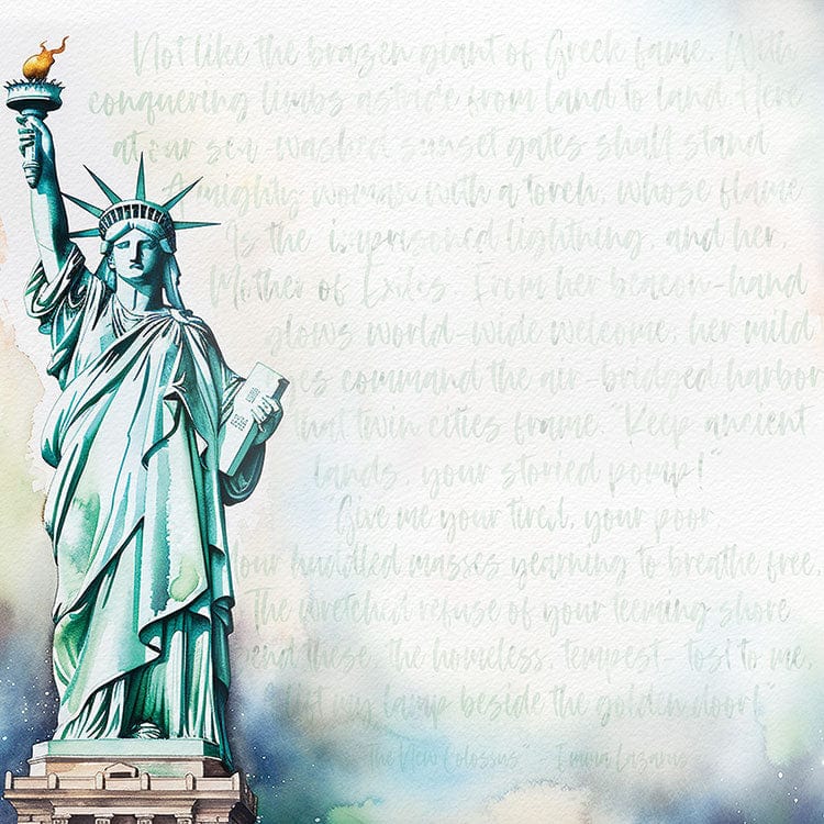 scrapbook paper featuring a watercolor illustration of the Statue of Liberty against a light pattern of script.