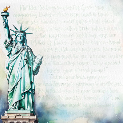 scrapbook paper featuring a watercolor illustration of the Statue of Liberty against a light pattern of script.