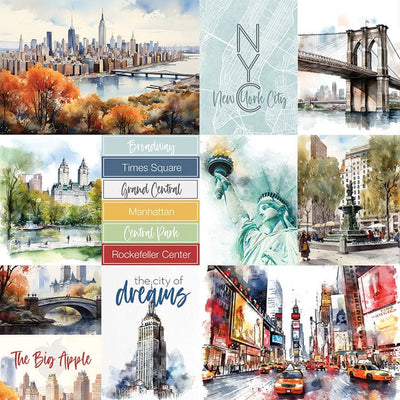 scrapbook paper featuring tags of colorful watercolor scenes of New York City.