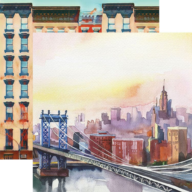 scrapbook paper featuring a colorful watercolor depiction of the brooklyn bridge and NYC skyline shown overlapping a watercolor scene of apartment buildings.