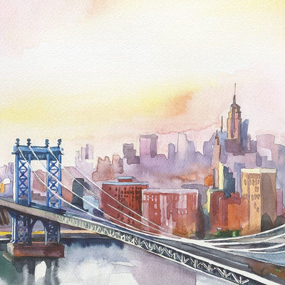 scrapbook paper featuring a colorful watercolor depiction of the brooklyn bridge and NYC skyline