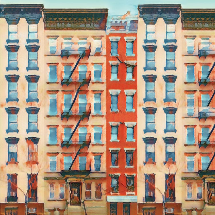 scrapbook paper featuring a colorful watercolor depiction of apartment buildings with windows
