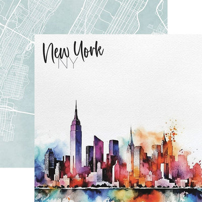 scrapbook paper featuring a colorful watercolor depiction of the New York skyline shown overlapping a light blue map with white lines.