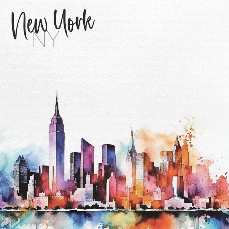 scrapbook paper featuring a colorful watercolor depiction of the New York skyline
