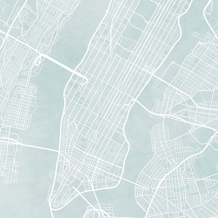 scrapbook paper featuring a simple illustrated map of manhattan island in white lines on light blue background.