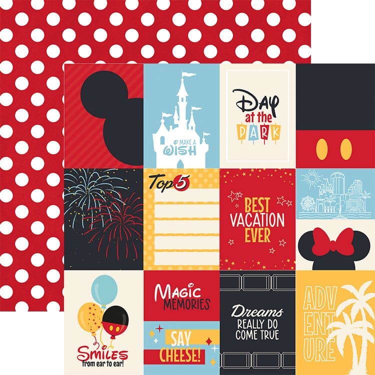 scrapbook paper featuring colorful tags of red, black, blue and yellow illustrations of palm trees, sentiments and fireworks shown overlapping a white polka dot pattern with red background.