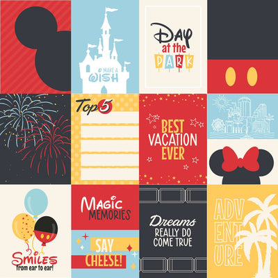 scrapbook paper featuring colorful tags of red, black, blue and yellow illustrations of palm trees, sentiments and fireworks.