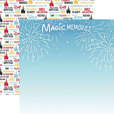 scrapbook paper featuring a light blue background with White fireworks and "Magic Memories" in text shown overlapping a pattern of yellow, red, blue and black words.