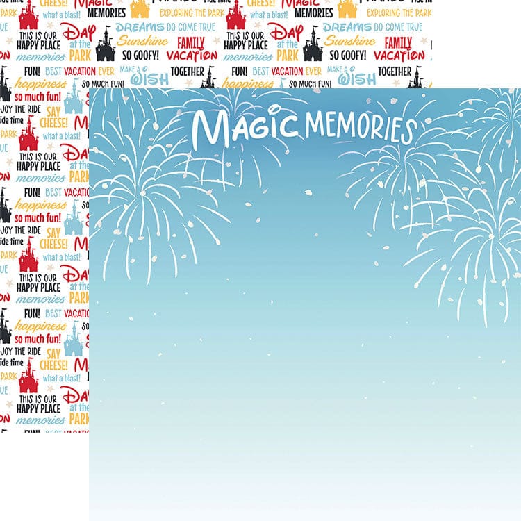 scrapbook paper featuring a light blue background with White fireworks and "Magic Memories" in text shown overlapping a pattern of yellow, red, blue and black words.