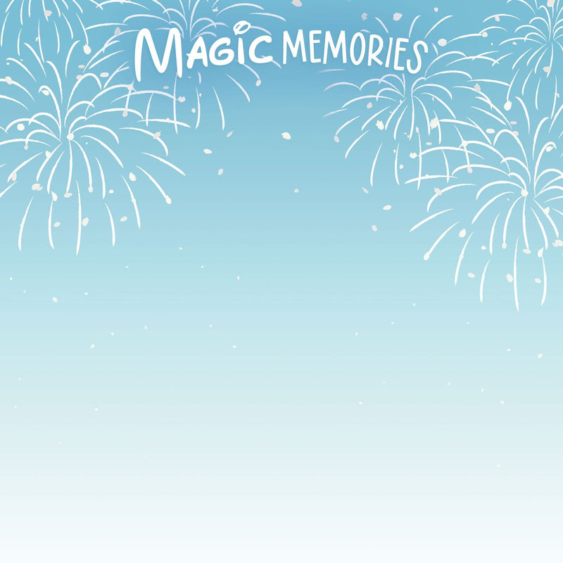 scrapbook paper featuring a light blue background with White fireworks and "Magic Memories" in text.