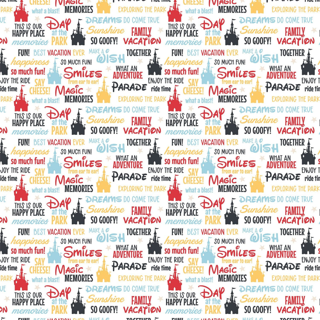 scrapbook paper featuring red, black, blue and yellow sentiments with black castles on white background.