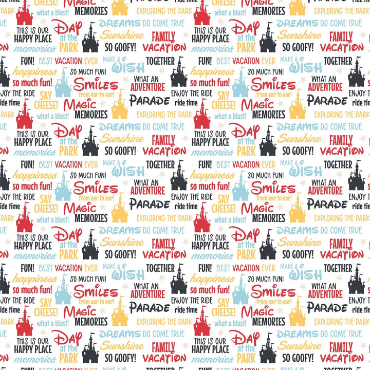 scrapbook paper featuring red, black, blue and yellow sentiments with black castles on white background.