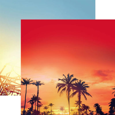 scrapbook paper featuring orange and yellow sunset with silhouetted palm trees shown overlapping a blue sky with rollercoaster.