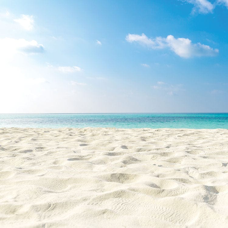 scrapbook paper featuring a photograph of white sandy beach and blue sky.