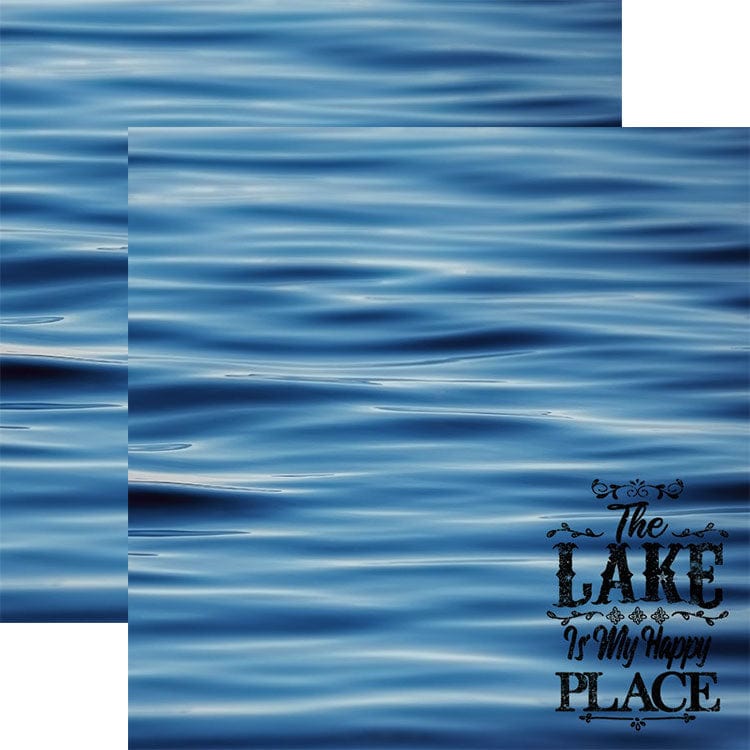 scrapbook paper featuring a photographic close up image of gentle blue waves with black text shown overlapping an image of the same blue waves.